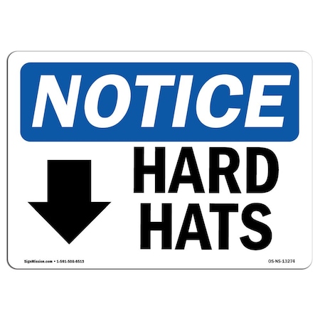 Signmission OSHA Sign, Hard Hats With Down Arrow With, 5in X 3.5in Decal, 10PK, 5" W, 3.5" H, Landscape, PK10 OS-NS-D-35-L-13274-10PK
